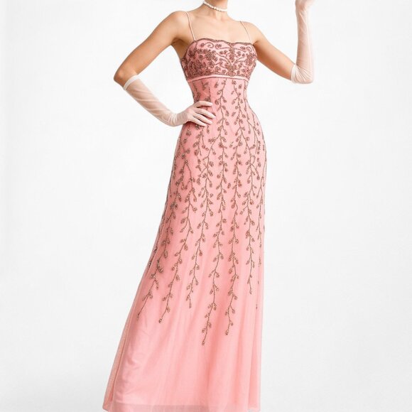 Vintage Pink Knit Bodycon Floral Beaded Mesh Maxi Prom Dress Size M/L - Picture 1 of 10